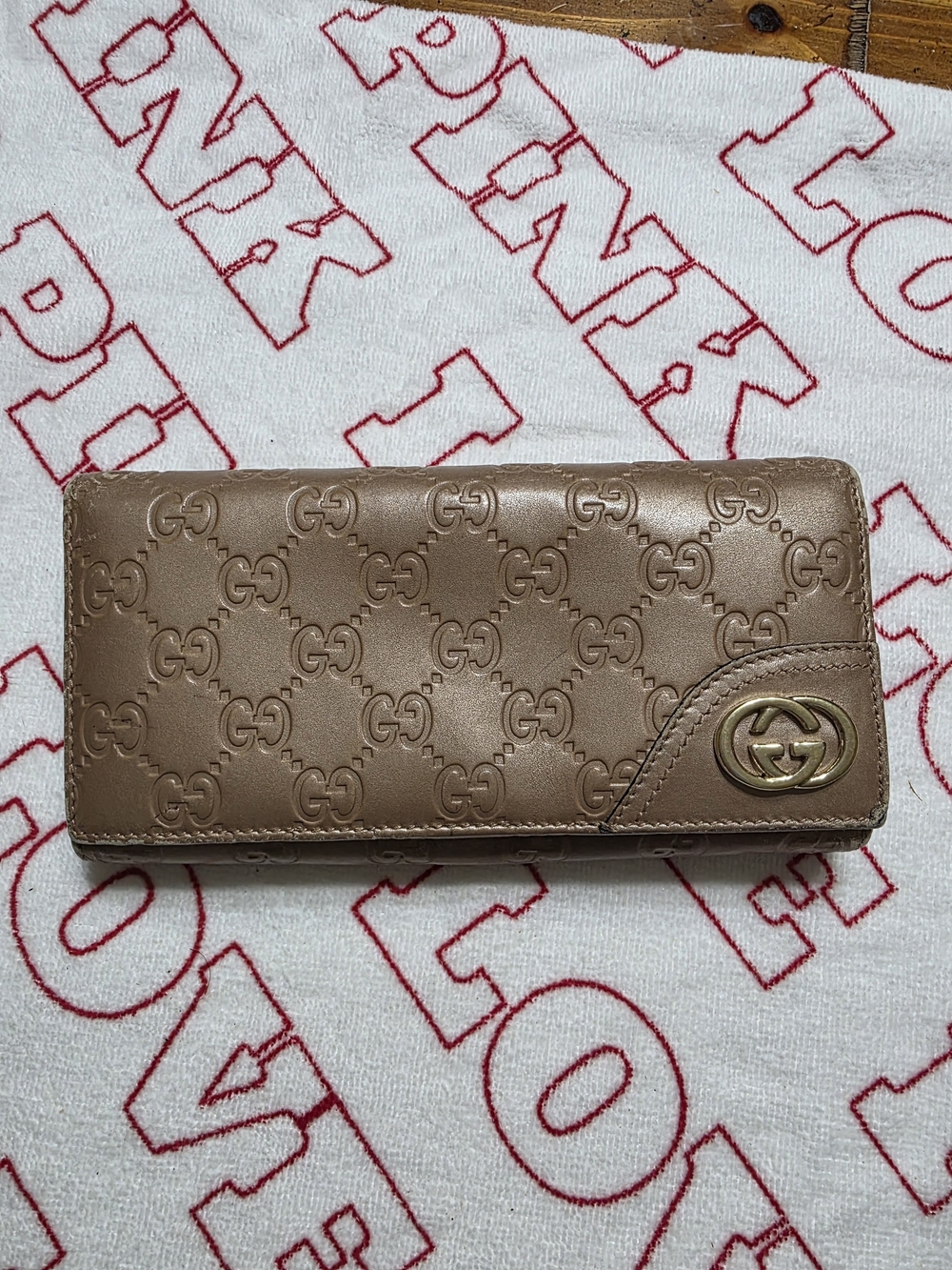 Gucci Metallic Beige/Bronze Embossed GG Continental Wallet with Gold Logo